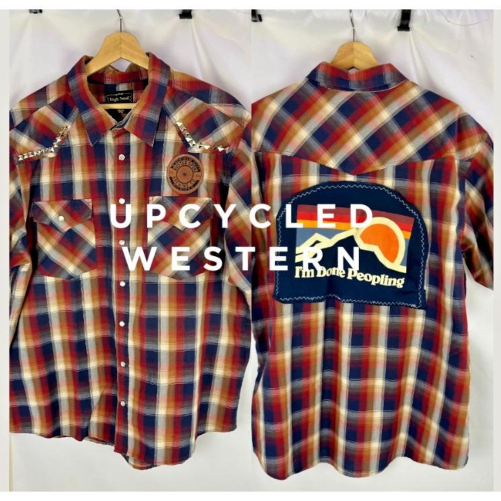 High Noon UPCYCLED Western Short Sleeve Pearl Snap Shirt XL Grunge Hiking Rodeo